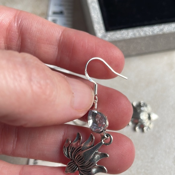 Sterling silver lotus flower earrings crystal drop - Picture 8 of 13